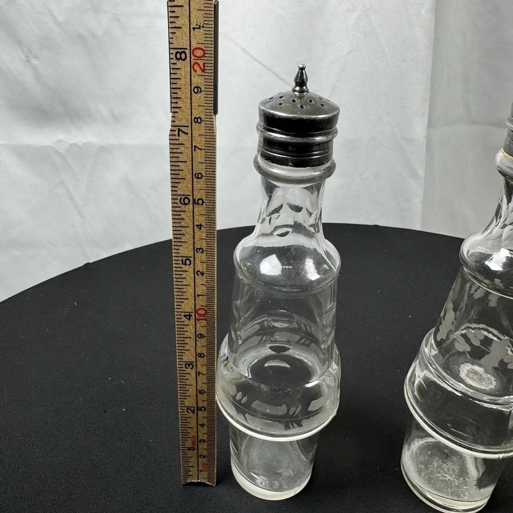 2 Vintage Condiment Cruet Castor Set Etched Glass
